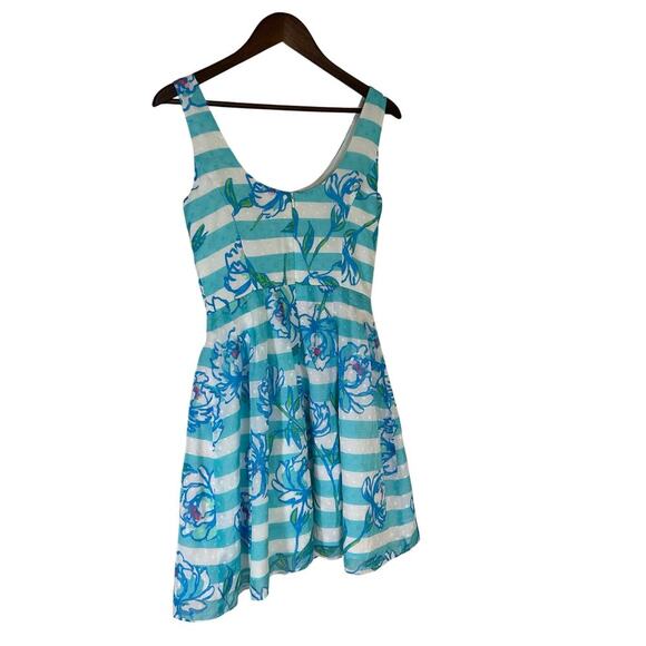 Lilly Pulitzer Tossing The Line Posey Fit Blue Stripe Floral Dress Size 4 - Picture 4 of 7
